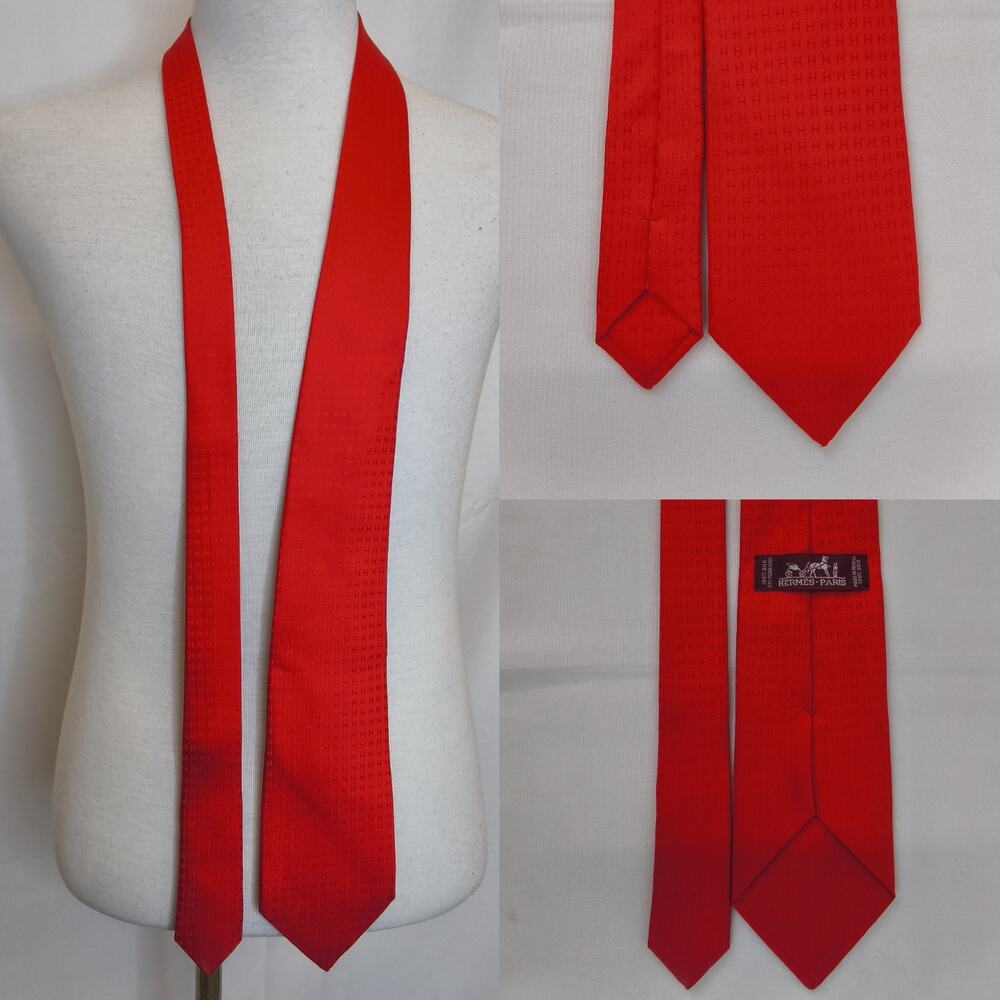 Hermes Red Faconnee H Bicolor Jacquard Weave 100% Silk Tie Made in France #W5221